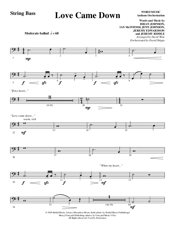 Love Came Down (Choral Anthem SATB) String Bass (Word Music Choral / Arr. David Wise / Orch. David Shipps)