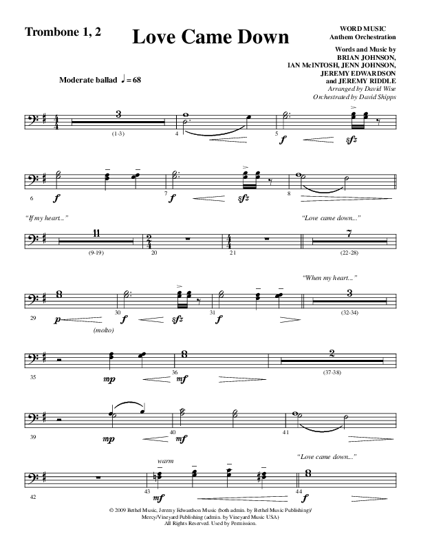 Love Came Down (Choral Anthem SATB) Trombone 1/2 (Word Music Choral / Arr. David Wise / Orch. David Shipps)
