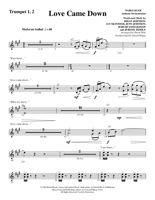 Love Came Down (Choral Anthem SATB) Trumpet 1,2 (Word Music Choral / Arr. David Wise / Orch. David Shipps)