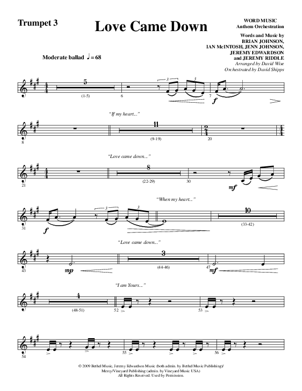Love Came Down (Choral Anthem SATB) Trumpet 3 (Word Music Choral / Arr. David Wise / Orch. David Shipps)