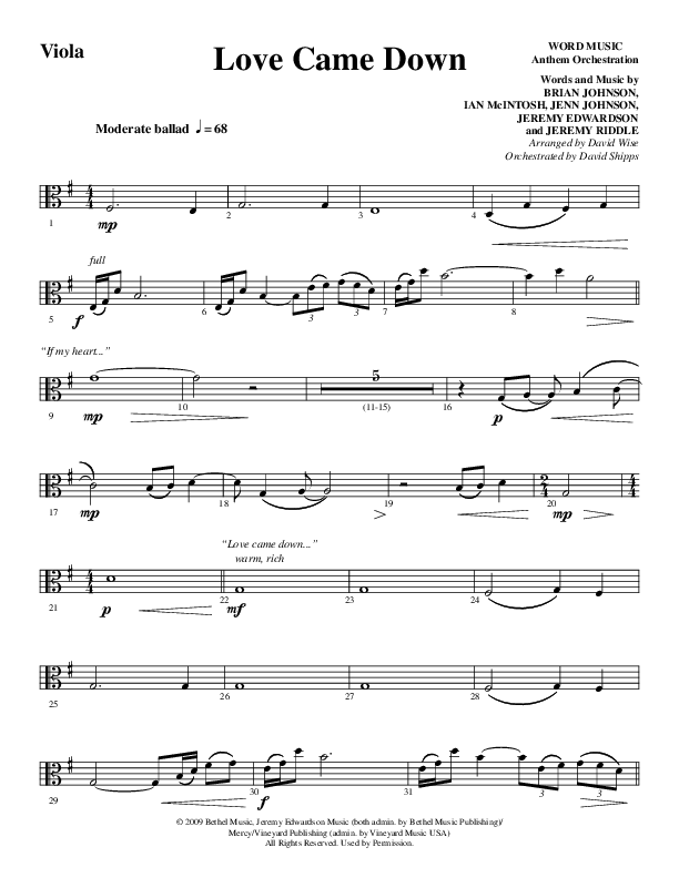 Love Came Down (Choral Anthem SATB) Viola (Word Music Choral / Arr. David Wise / Orch. David Shipps)