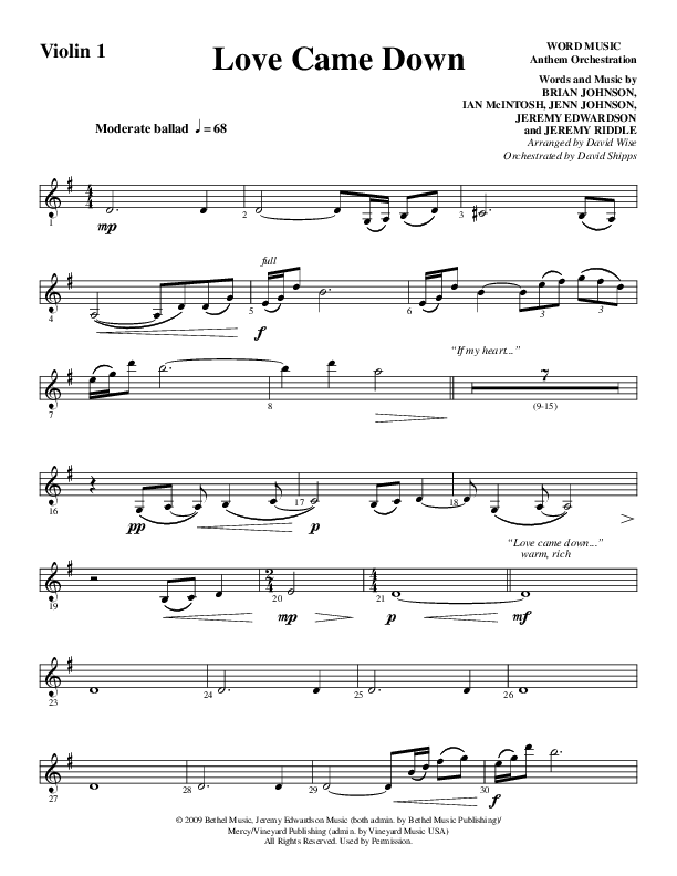 Love Came Down (Choral Anthem SATB) Violin 1 (Word Music Choral / Arr. David Wise / Orch. David Shipps)