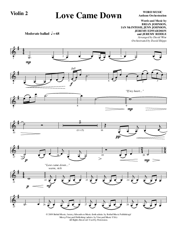 Love Came Down (Choral Anthem SATB) Violin 2 (Word Music Choral / Arr. David Wise / Orch. David Shipps)