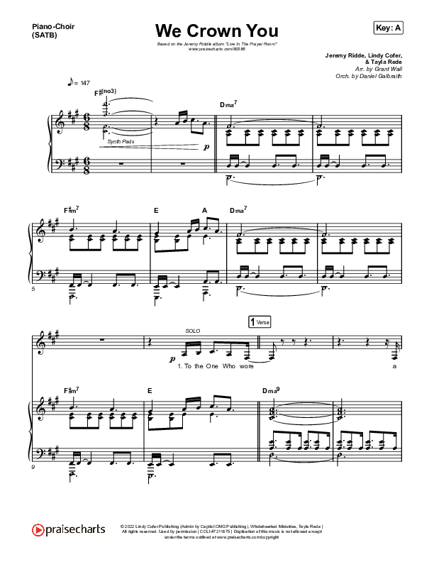 We Crown You Piano/Vocal (SATB) (Jeremy Riddle)