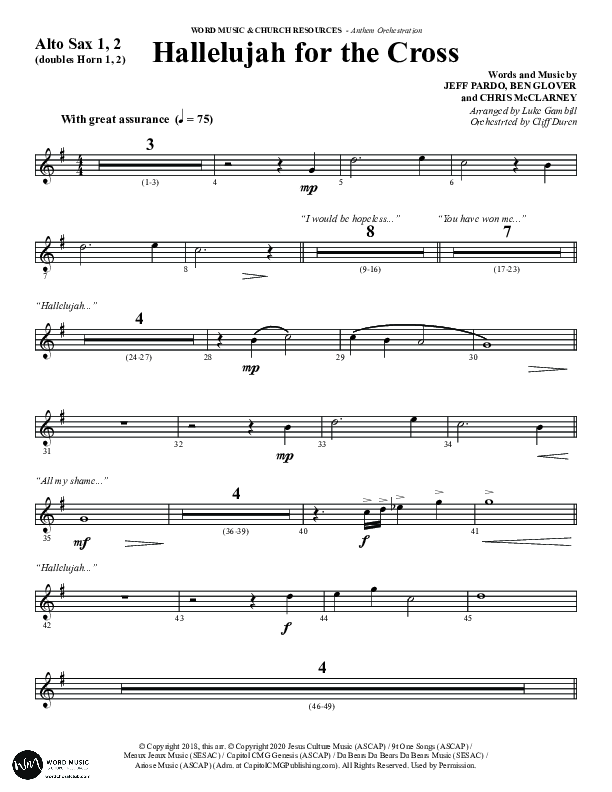 Hallelujah For The Cross (Choral Anthem SATB) Alto Sax 1/2 (Word Music Choral / Arr. Luke Gambill / Orch. Cliff Duren)