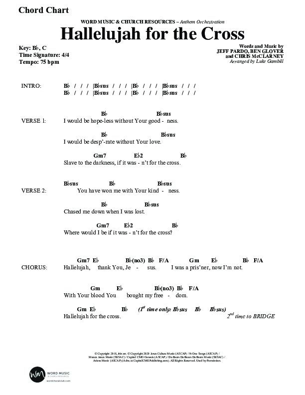 Hallelujah For The Cross (Choral Anthem SATB) Chord Chart (Word Music Choral / Arr. Luke Gambill / Orch. Cliff Duren)