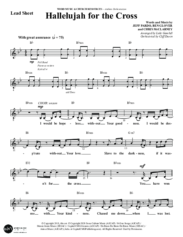 Hallelujah For The Cross (Choral Anthem SATB) Lead Sheet (Melody) (Word Music Choral / Arr. Luke Gambill / Orch. Cliff Duren)