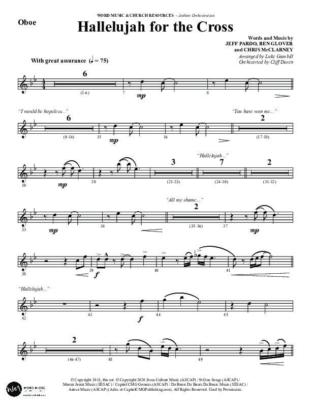 Hallelujah For The Cross (Choral Anthem SATB) Oboe (Word Music Choral / Arr. Luke Gambill / Orch. Cliff Duren)