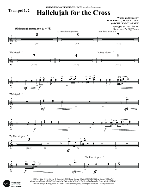 Hallelujah For The Cross (Choral Anthem SATB) Trumpet 1,2 (Word Music Choral / Arr. Luke Gambill / Orch. Cliff Duren)