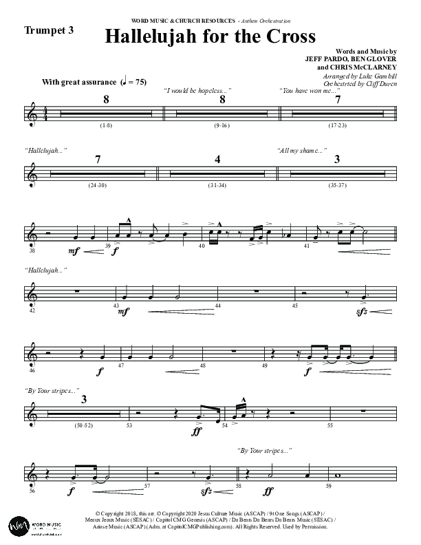 Hallelujah For The Cross (Choral Anthem SATB) Trumpet 3 (Word Music Choral / Arr. Luke Gambill / Orch. Cliff Duren)