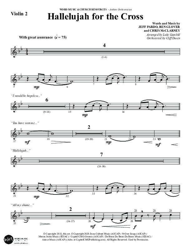 Hallelujah For The Cross (Choral Anthem SATB) Violin 2 (Word Music Choral / Arr. Luke Gambill / Orch. Cliff Duren)