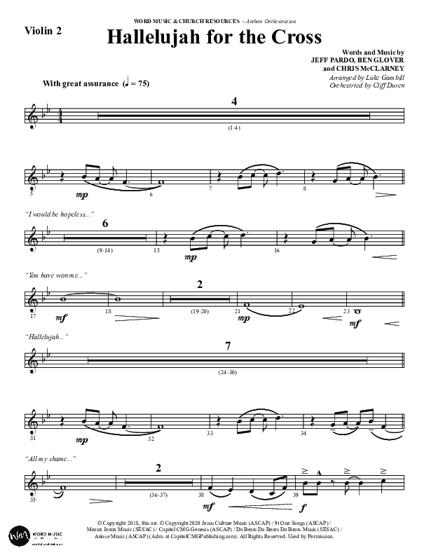Hallelujah For The Cross (Choral Anthem SATB) Violin 2 (Word Music Choral / Arr. Luke Gambill / Orch. Cliff Duren)