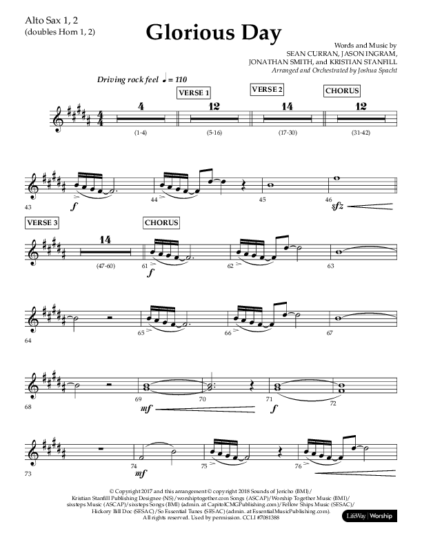 Glorious Day (Choral Anthem SATB) Alto Sax 1/2 (Lifeway Choral / Arr. Joshua Spacht)
