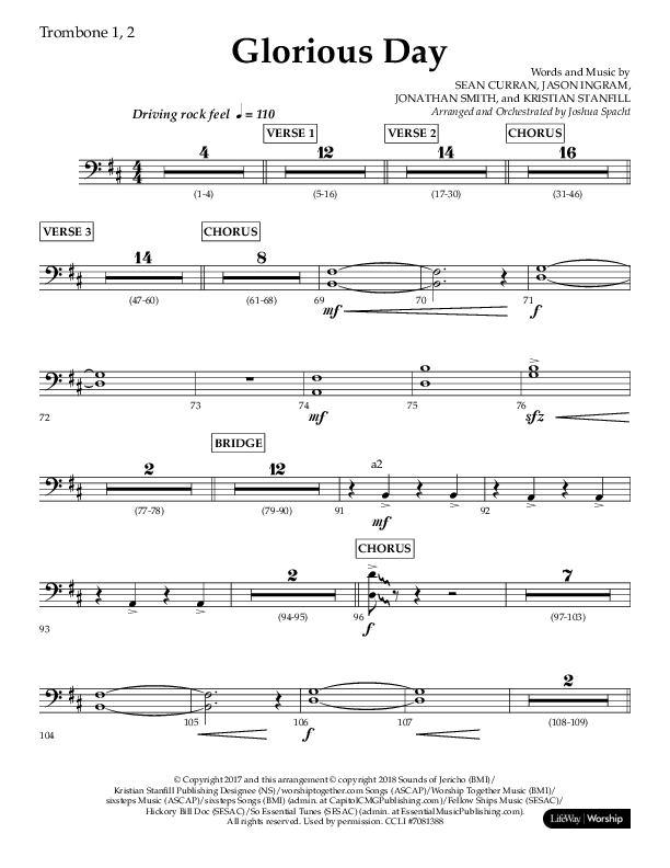 Glorious Day (Choral Anthem SATB) Trombone 1/2 (Lifeway Choral / Arr. Joshua Spacht)