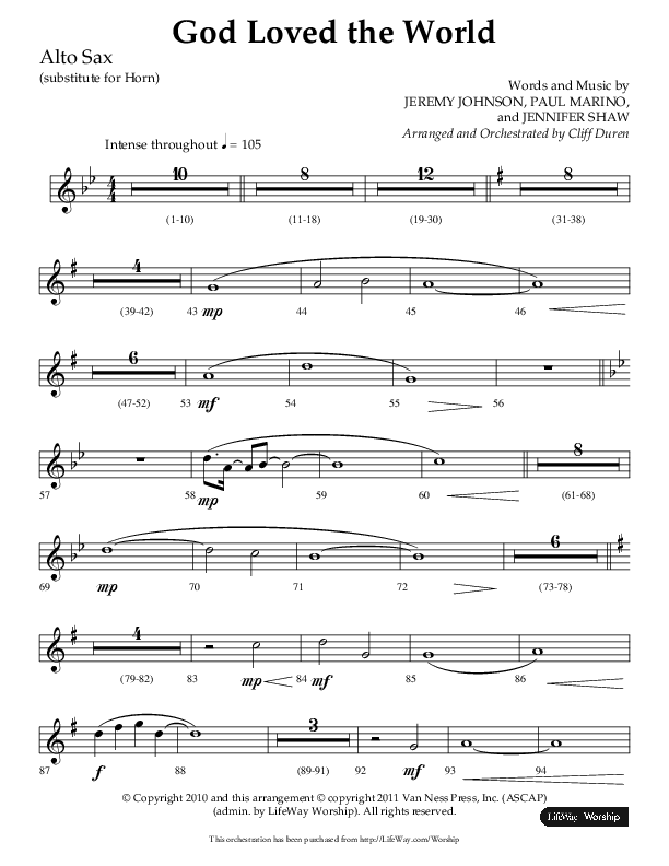 God Loved The World (Choral Anthem SATB) Alto Sax (Lifeway Choral / Arr. Cliff Duren)