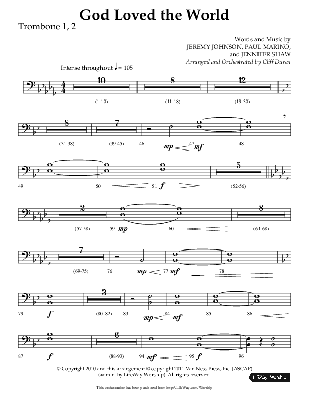 God Loved The World (Choral Anthem SATB) Trombone 1/2 (Lifeway Choral / Arr. Cliff Duren)