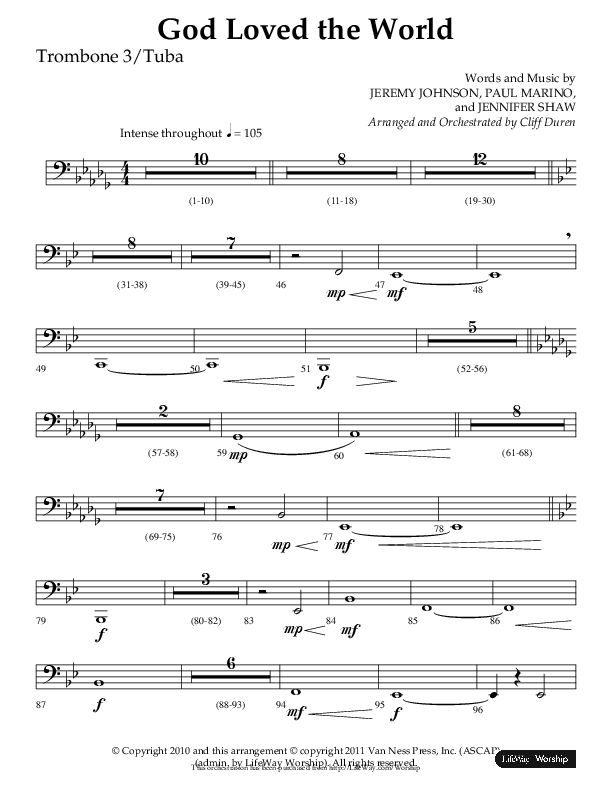 God Loved The World (Choral Anthem SATB) Trombone 3/Tuba (Lifeway Choral / Arr. Cliff Duren)