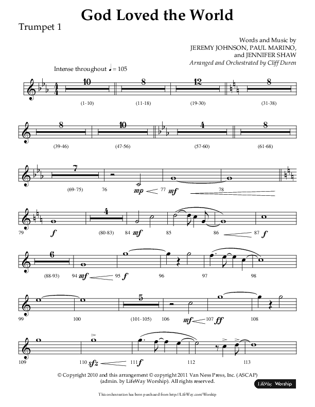 God Loved The World (Choral Anthem SATB) Trumpet 1 (Lifeway Choral / Arr. Cliff Duren)