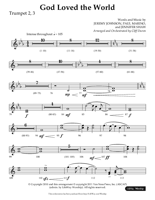 God Loved The World (Choral Anthem SATB) Trumpet 2/3 (Lifeway Choral / Arr. Cliff Duren)
