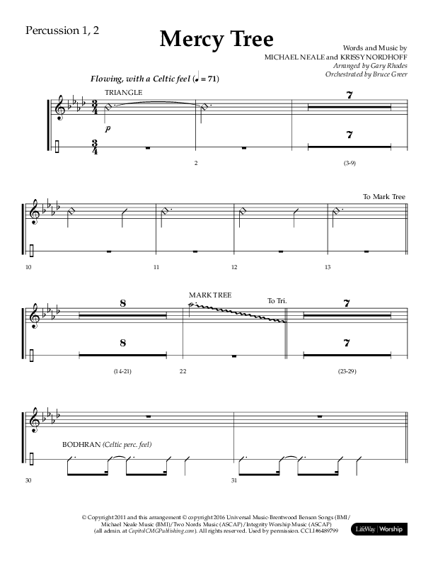 Mercy Tree (Choral Anthem SATB) Percussion 1/2 (Lifeway Choral / Arr. Gary Rhodes / Orch. Bruce Greer)