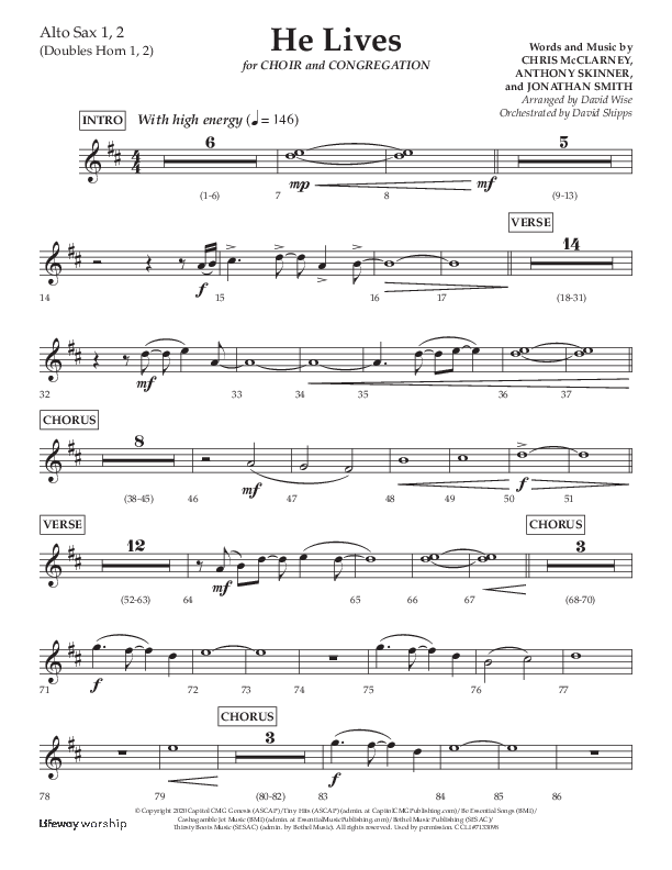 He Lives (Choral Anthem SATB) Alto Sax 1/2 (Lifeway Choral / Arr. David Wise / Orch. David Shipps)