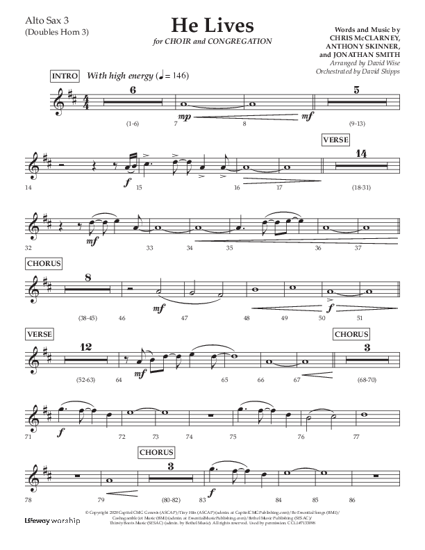 He Lives (Choral Anthem SATB) Alto Sax (Lifeway Choral / Arr. David Wise / Orch. David Shipps)