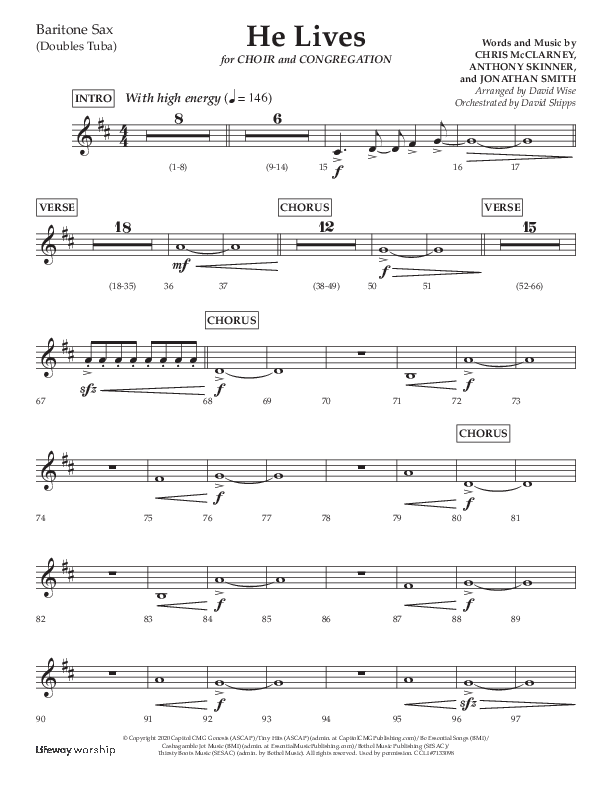 He Lives (Choral Anthem SATB) Bari Sax (Lifeway Choral / Arr. David Wise / Orch. David Shipps)