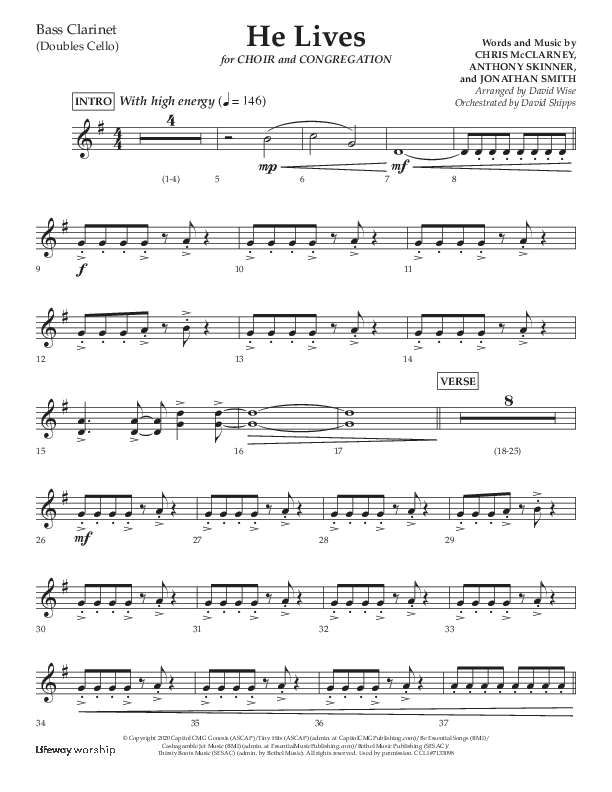 He Lives (Choral Anthem SATB) Bass Clarinet (Lifeway Choral / Arr. David Wise / Orch. David Shipps)