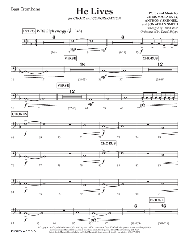 He Lives (Choral Anthem SATB) Bass Trombone (Lifeway Choral / Arr. David Wise / Orch. David Shipps)