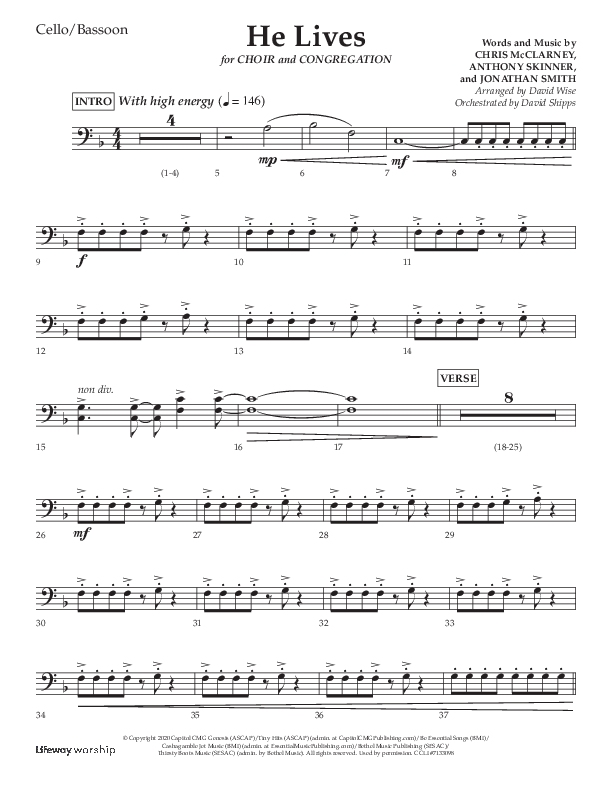 He Lives (Choral Anthem SATB) Cello (Lifeway Choral / Arr. David Wise / Orch. David Shipps)