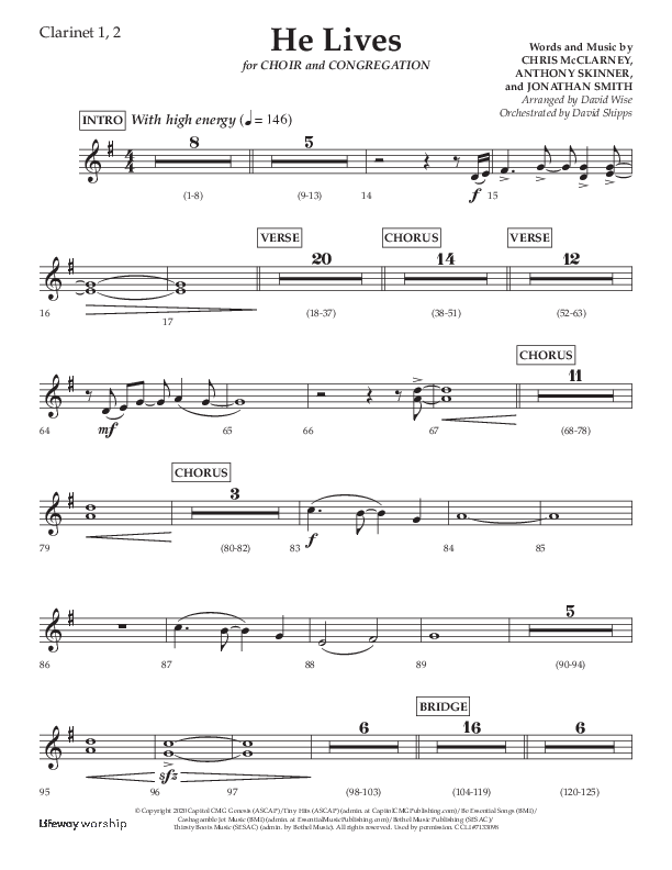 He Lives (Choral Anthem SATB) Clarinet 1/2 (Lifeway Choral / Arr. David Wise / Orch. David Shipps)
