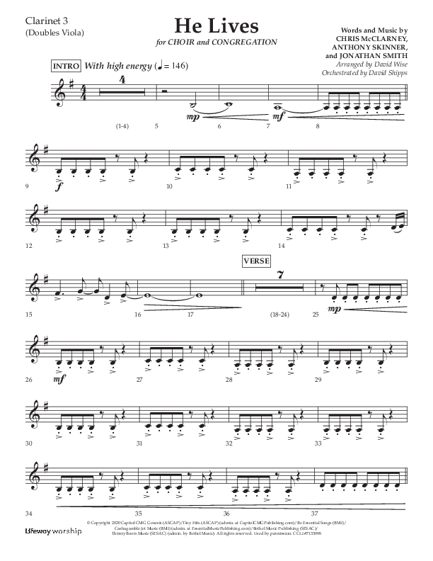 He Lives (Choral Anthem SATB) Clarinet 3 (Lifeway Choral / Arr. David Wise / Orch. David Shipps)