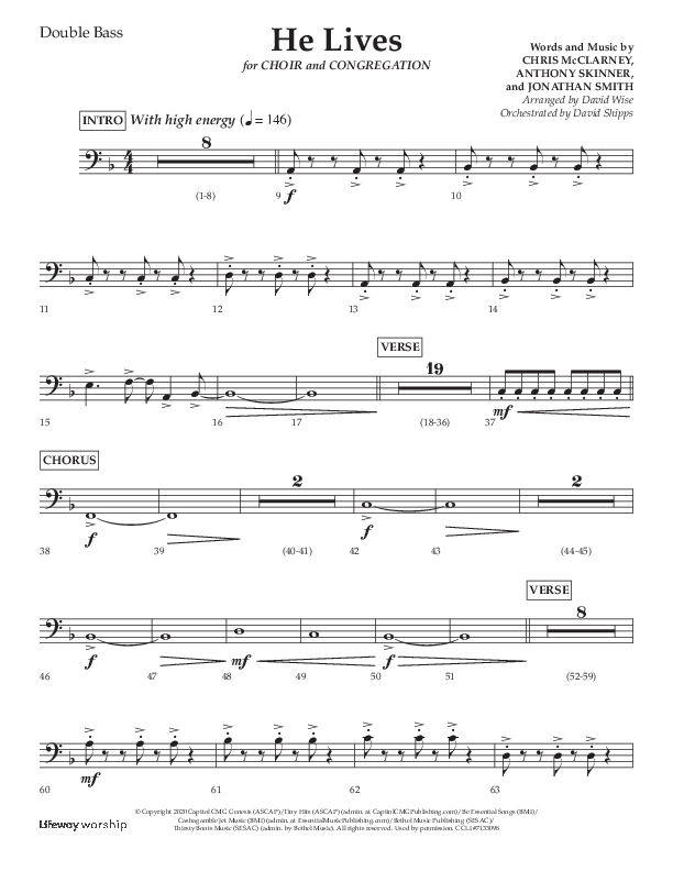 He Lives (Choral Anthem SATB) Double Bass (Lifeway Choral / Arr. David Wise / Orch. David Shipps)