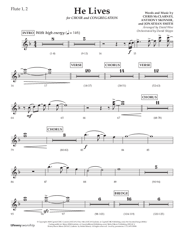 He Lives (Choral Anthem SATB) Flute 1/2 (Lifeway Choral / Arr. David Wise / Orch. David Shipps)