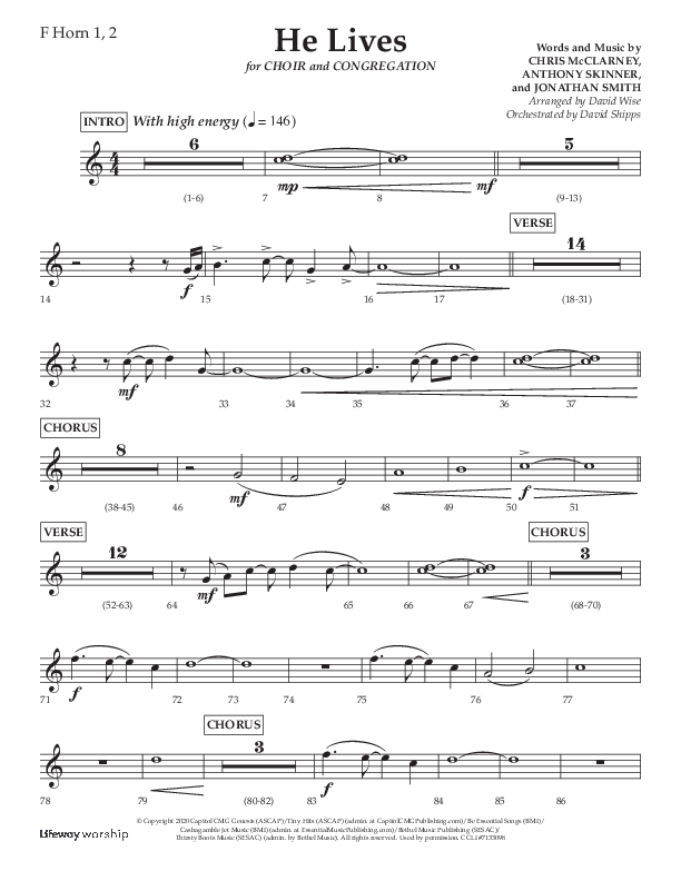 He Lives (Choral Anthem SATB) French Horn 1/2 (Lifeway Choral / Arr. David Wise / Orch. David Shipps)