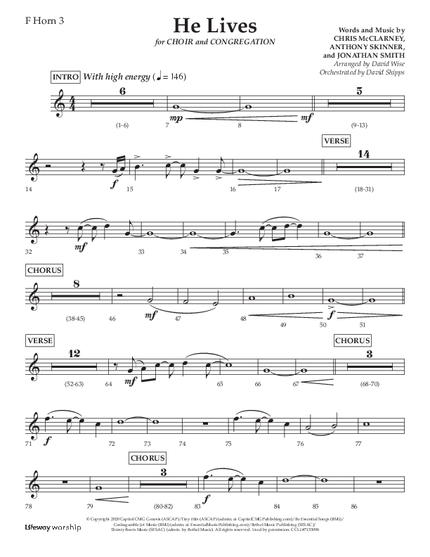 He Lives (Choral Anthem SATB) French Horn 3 (Lifeway Choral / Arr. David Wise / Orch. David Shipps)
