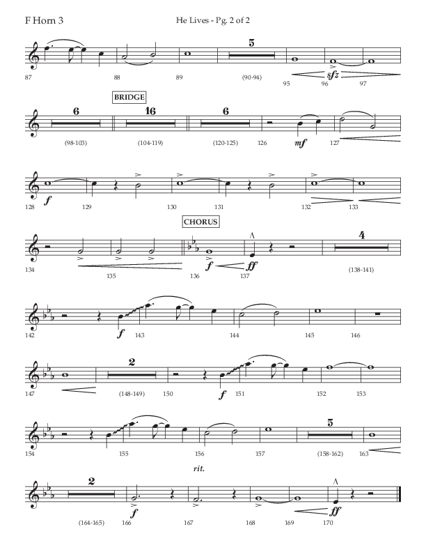 He Lives (Choral Anthem SATB) French Horn 3 (Lifeway Choral / Arr. David Wise / Orch. David Shipps)