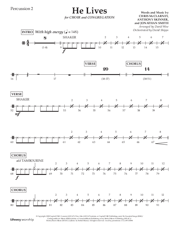 He Lives (Choral Anthem SATB) Percussion 1/2 (Lifeway Choral / Arr. David Wise / Orch. David Shipps)