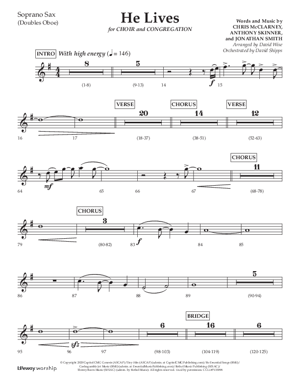 He Lives (Choral Anthem SATB) Soprano Sax (Lifeway Choral / Arr. David Wise / Orch. David Shipps)