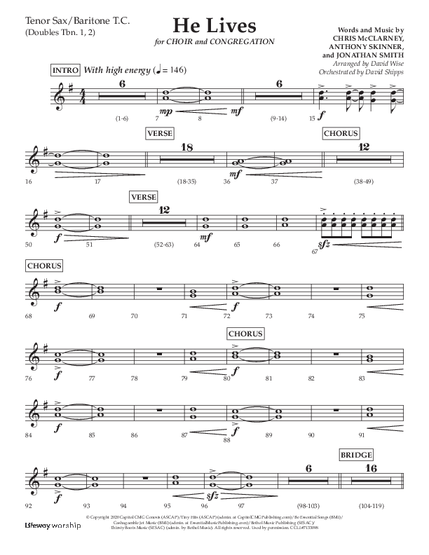 He Lives (Choral Anthem SATB) Tenor Sax/Baritone T.C. (Lifeway Choral / Arr. David Wise / Orch. David Shipps)