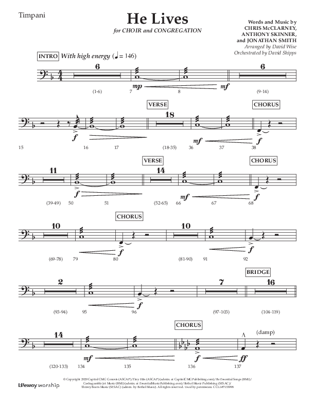 He Lives (Choral Anthem SATB) Timpani (Lifeway Choral / Arr. David Wise / Orch. David Shipps)