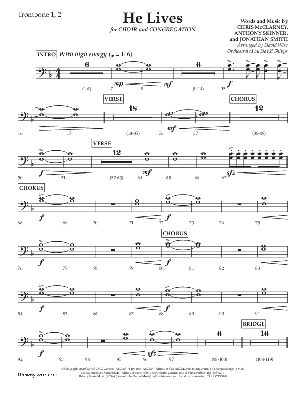 He Lives (Choral Anthem SATB) Trombone 1/2 (Lifeway Choral / Arr. David Wise / Orch. David Shipps)