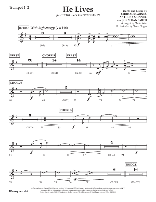He Lives (Choral Anthem SATB) Trumpet 1,2 (Lifeway Choral / Arr. David Wise / Orch. David Shipps)