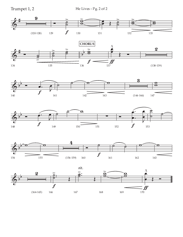 He Lives (Choral Anthem SATB) Trumpet 1,2 (Lifeway Choral / Arr. David Wise / Orch. David Shipps)