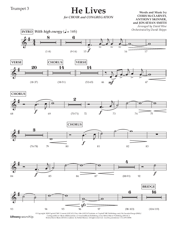 He Lives (Choral Anthem SATB) Trumpet 3 (Lifeway Choral / Arr. David Wise / Orch. David Shipps)
