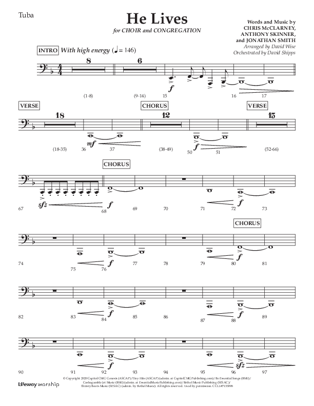 He Lives (Choral Anthem SATB) Tuba (Lifeway Choral / Arr. David Wise / Orch. David Shipps)