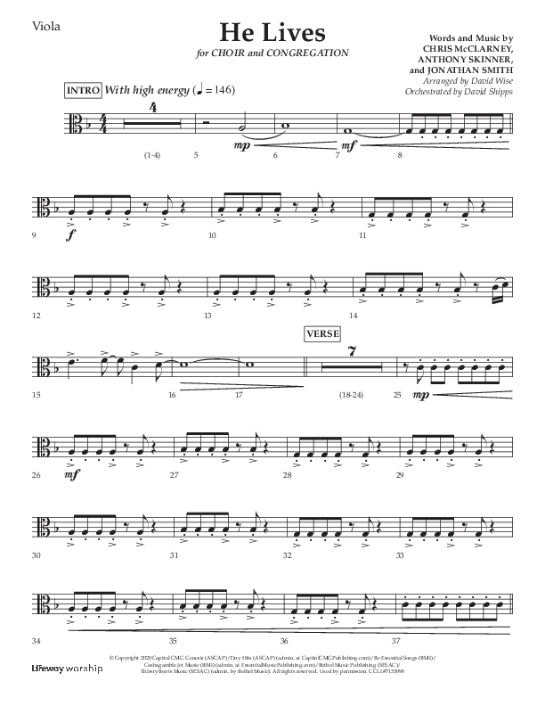 He Lives (Choral Anthem SATB) Viola (Lifeway Choral / Arr. David Wise / Orch. David Shipps)