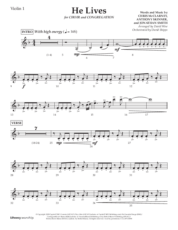 He Lives (Choral Anthem SATB) Violin 1 (Lifeway Choral / Arr. David Wise / Orch. David Shipps)