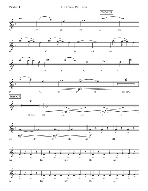 He Lives (Choral Anthem SATB) Violin 1 (Lifeway Choral / Arr. David Wise / Orch. David Shipps)