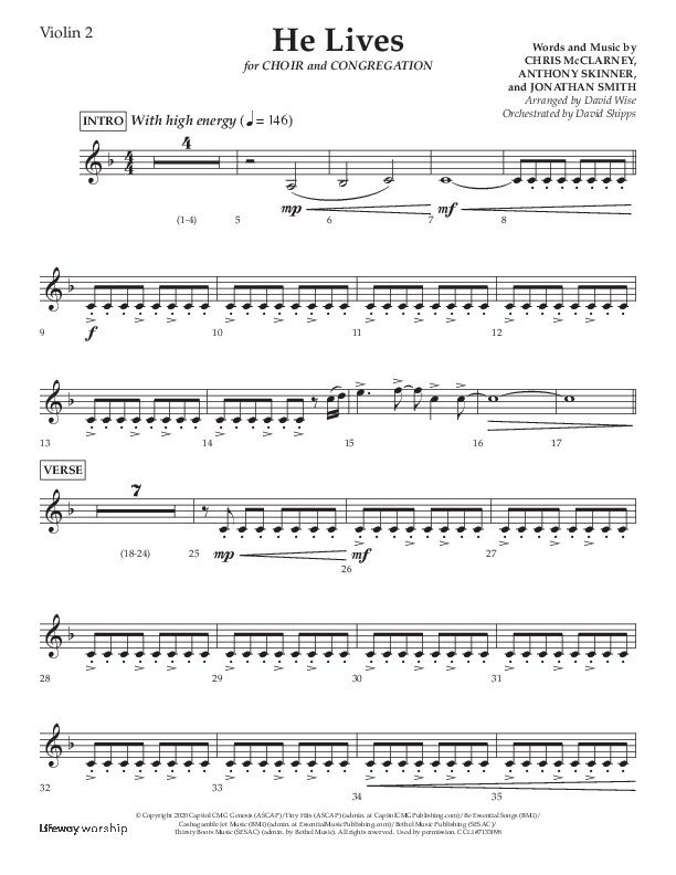 He Lives (Choral Anthem SATB) Violin 2 (Lifeway Choral / Arr. David Wise / Orch. David Shipps)